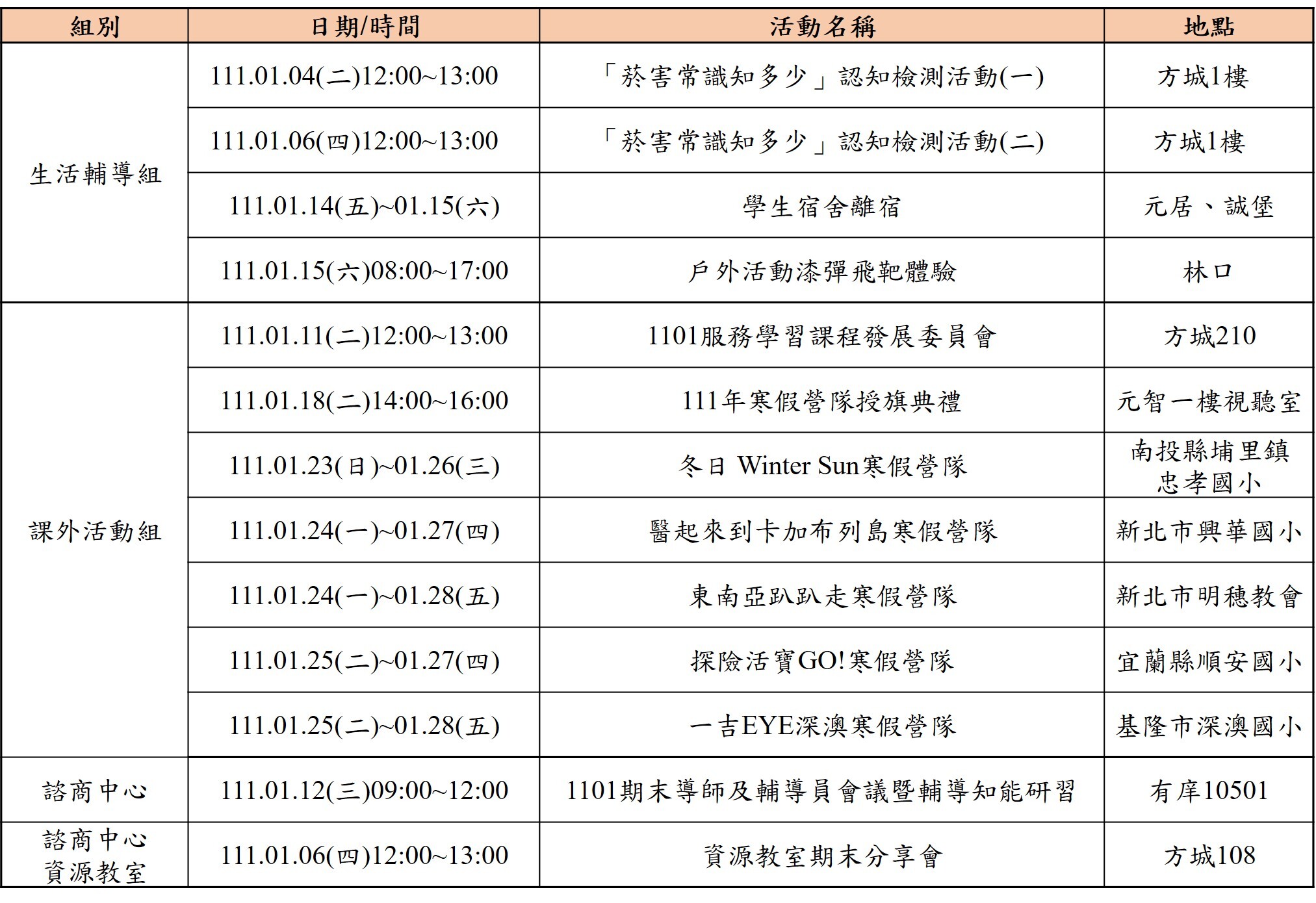 111年1月份學務處活動一覽表 