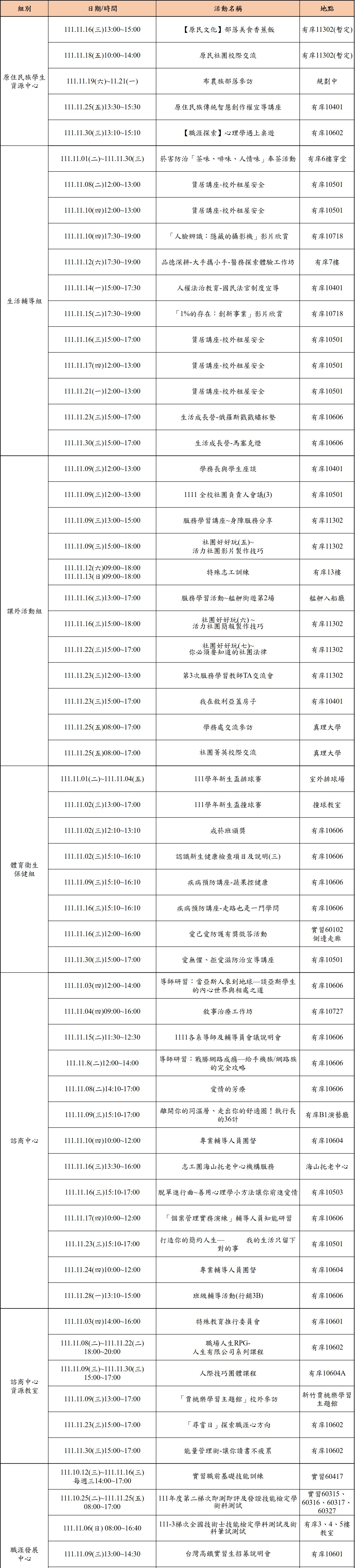 111年11月份學務處活動一覽表