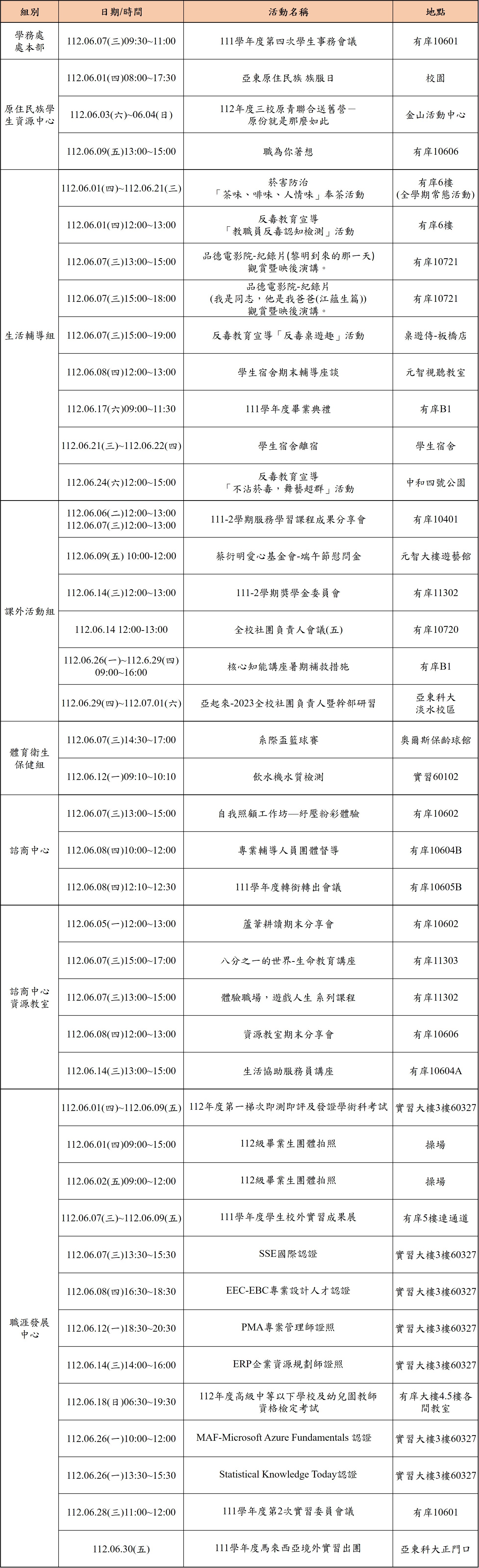 112年6月份學務處活動一覽表 