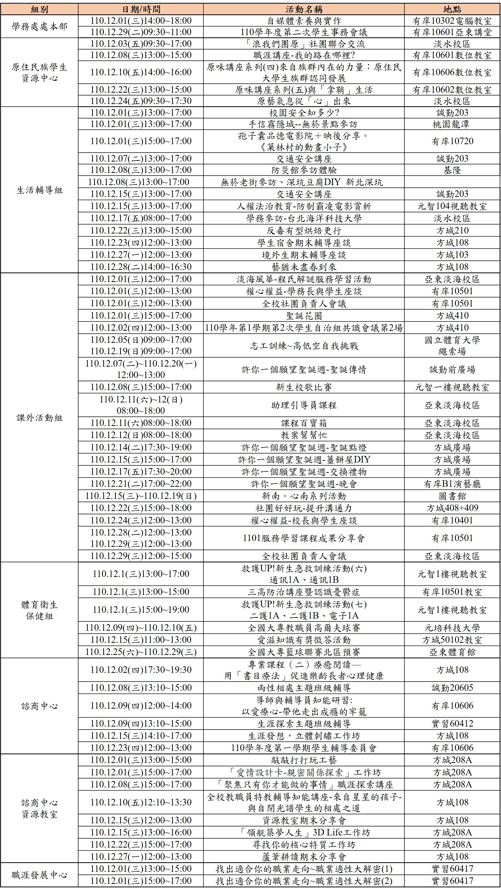 110年12月份學務處活動一覽表