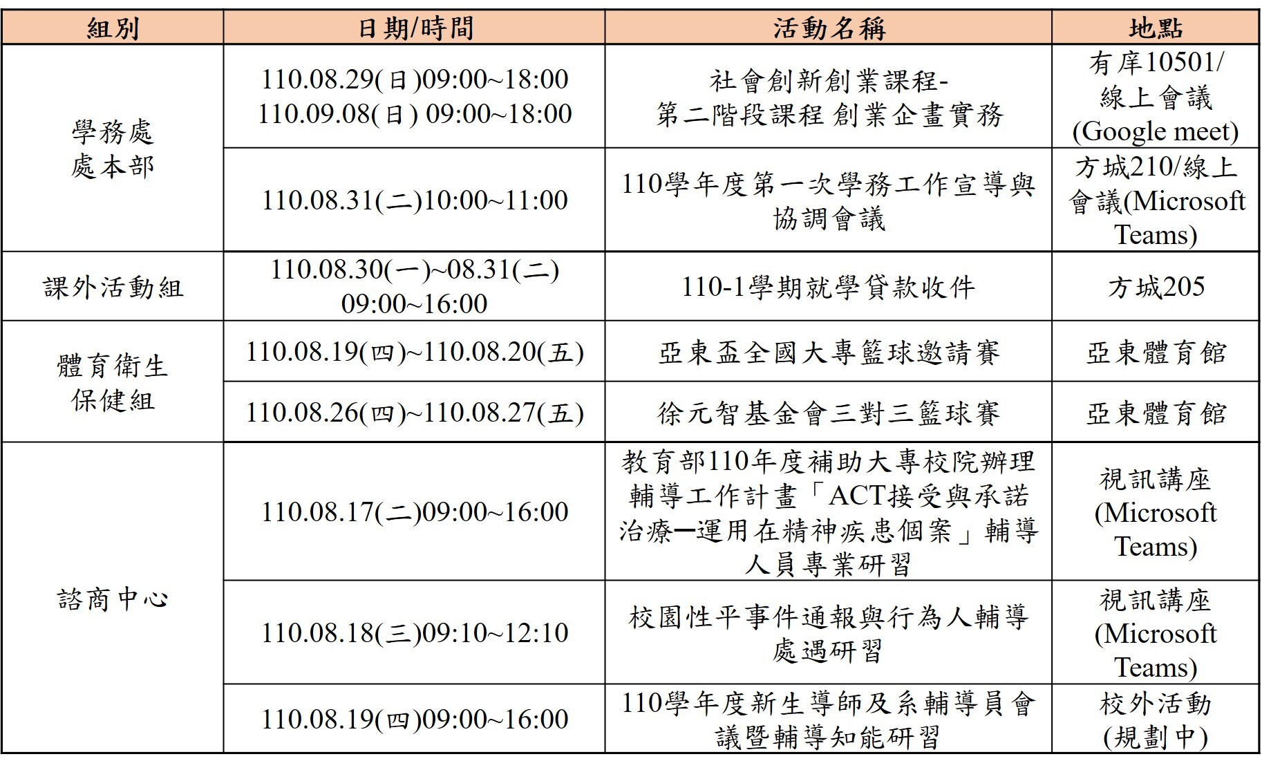 110年8月份學務處活動一覽表