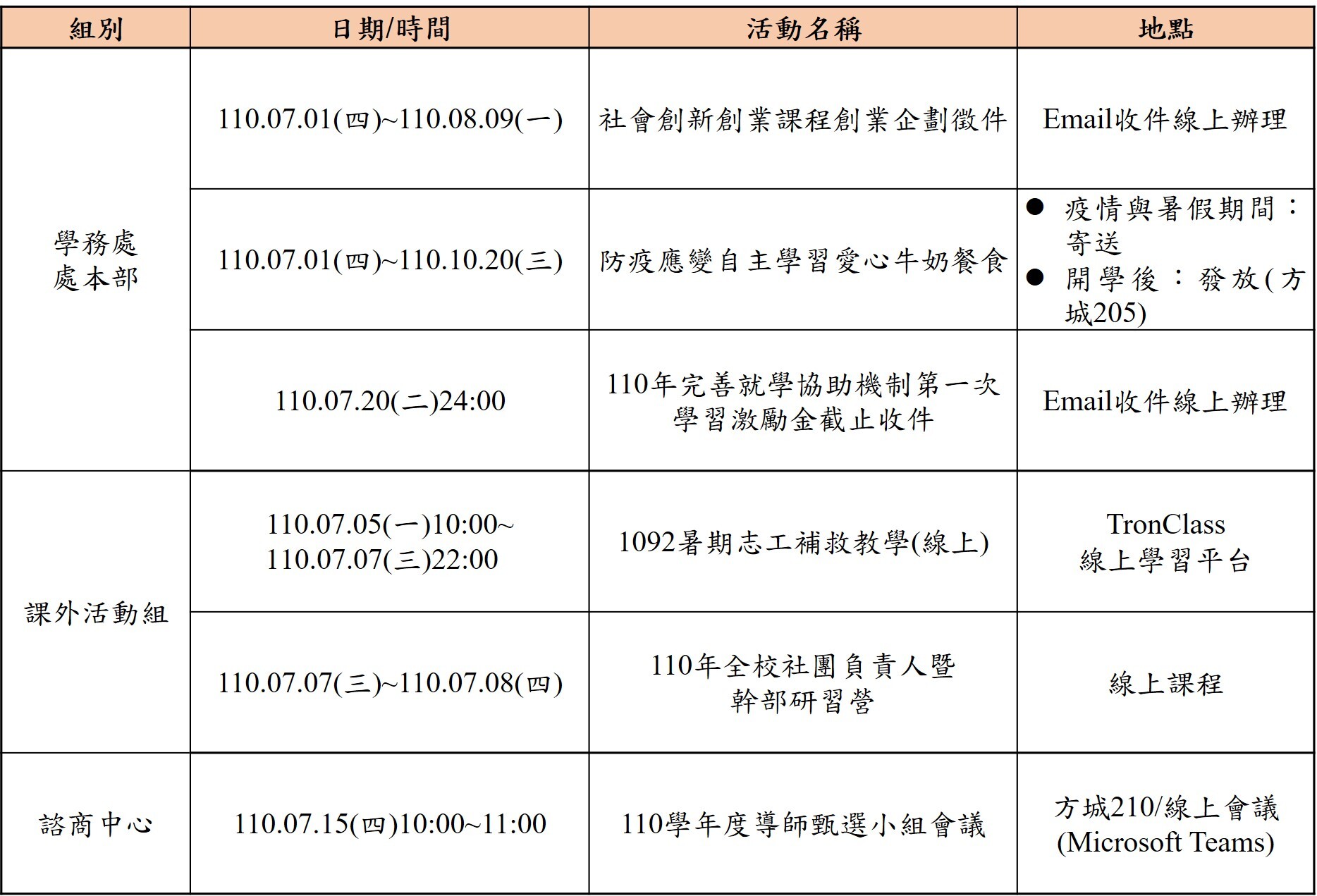 110年7月份學務處活動一覽表 