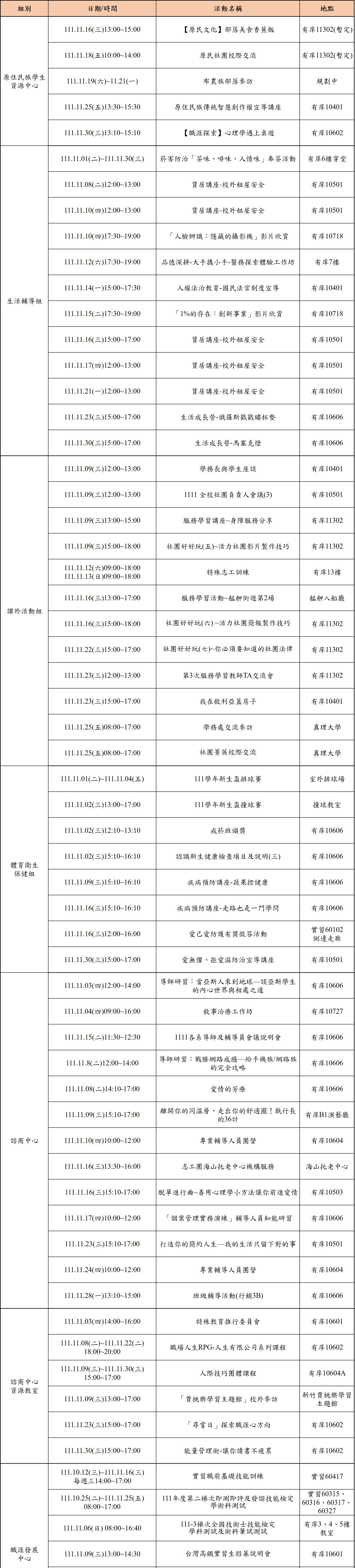 111年12月份學務處活動一覽表