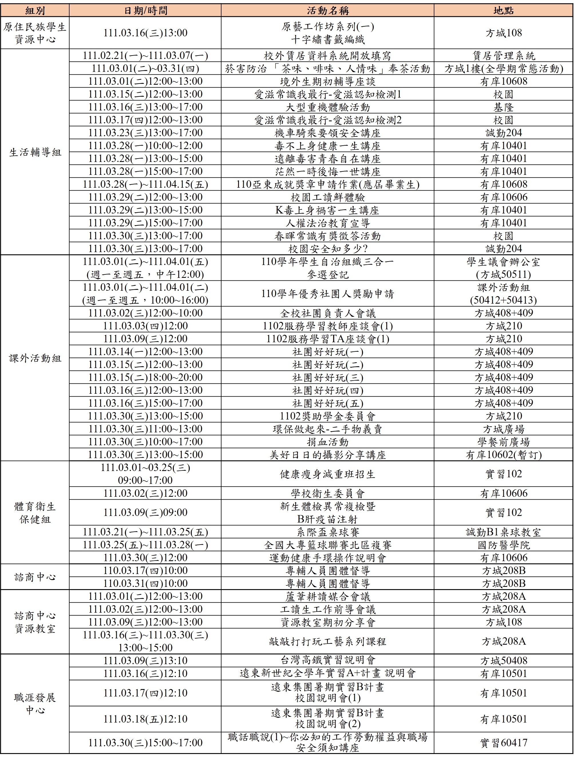 111年3月份學務處活動一覽表
